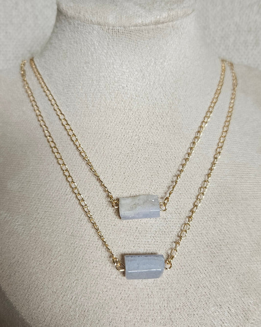 Blue Lace Agate double-chain necklace with two rectangular stones displayed on a beige jewellery bust