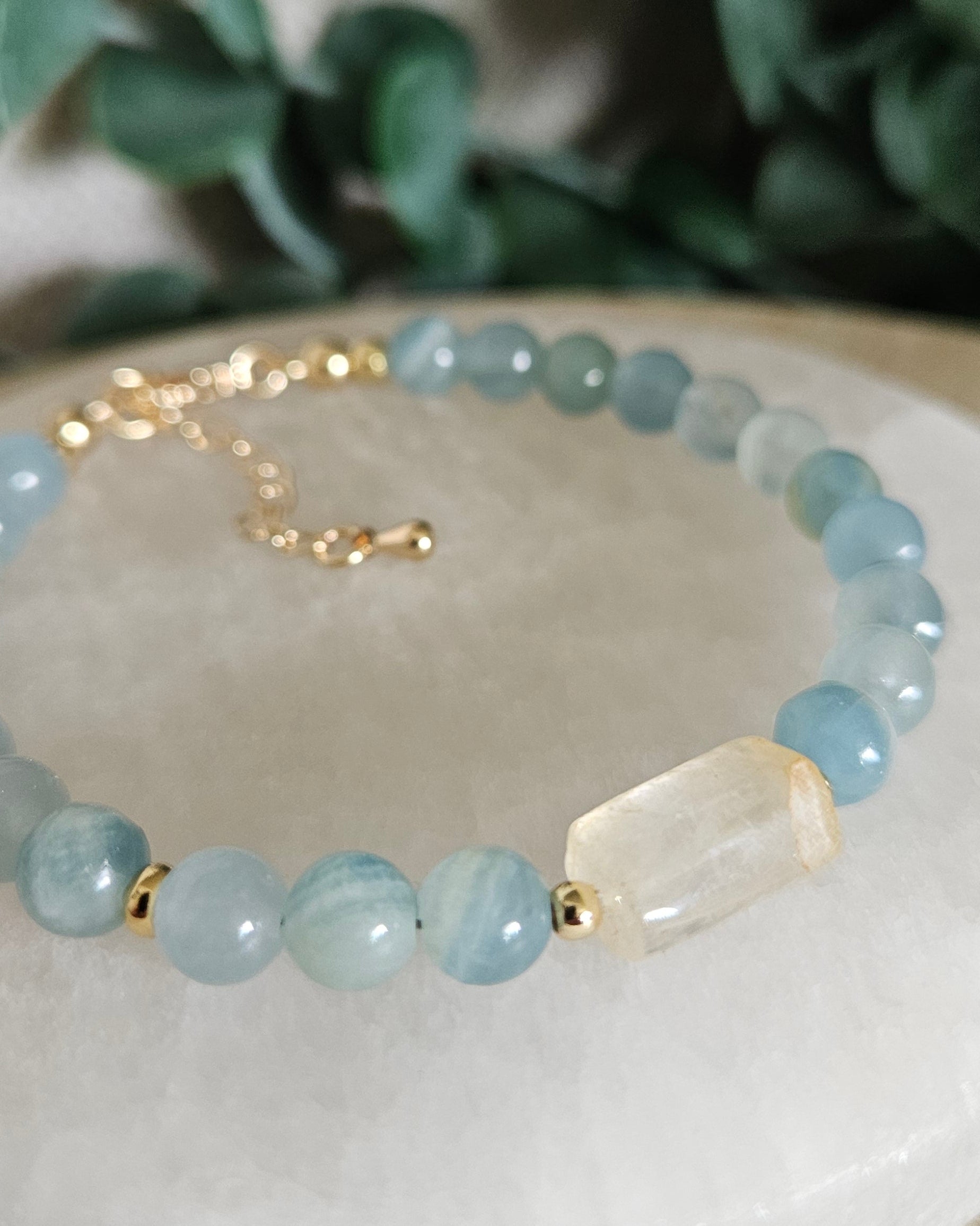 Close-up of the Citrine barrel focal, Blue Calcite beads and gold accent beads
