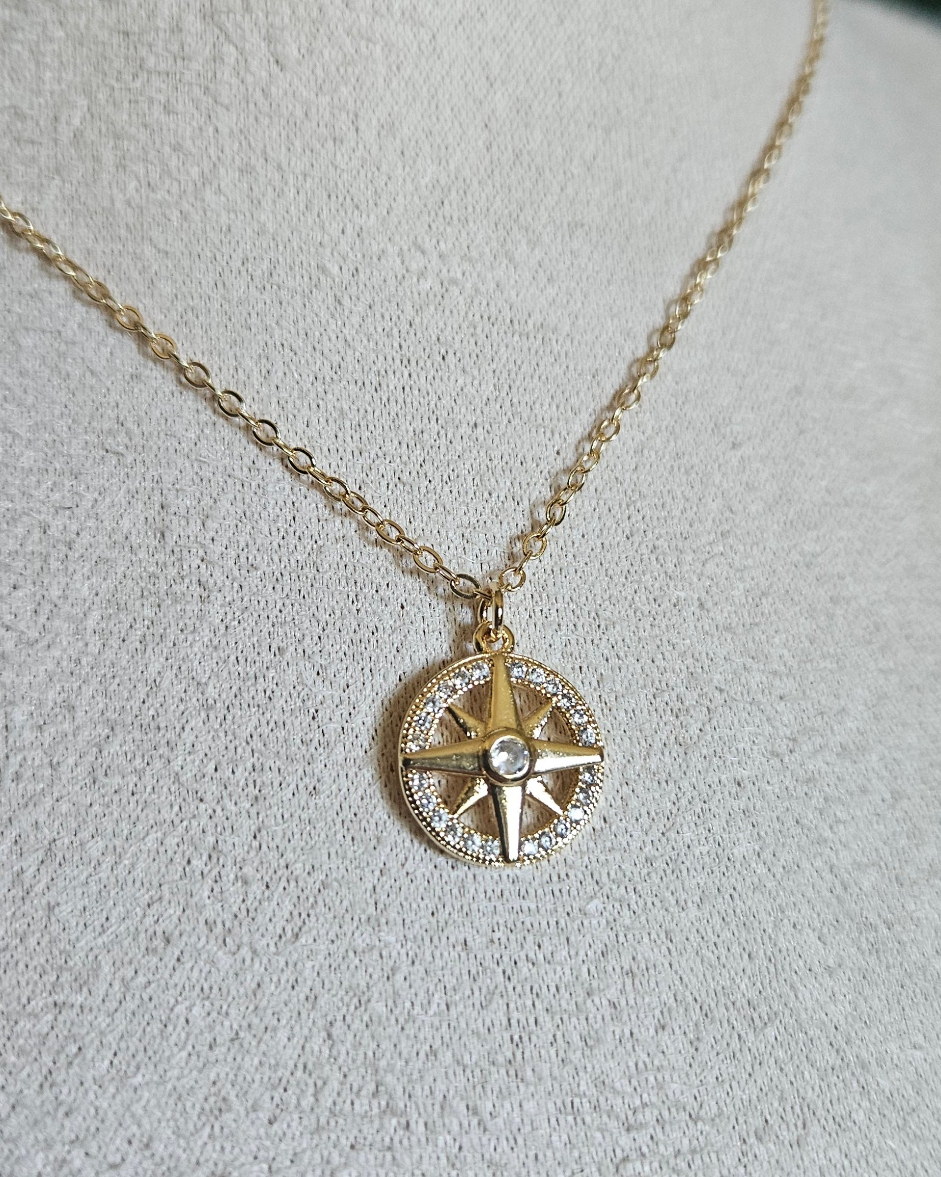 Close-up of the gold-filled North Star pendant with cubic zirconia centre and circular stone detailing
