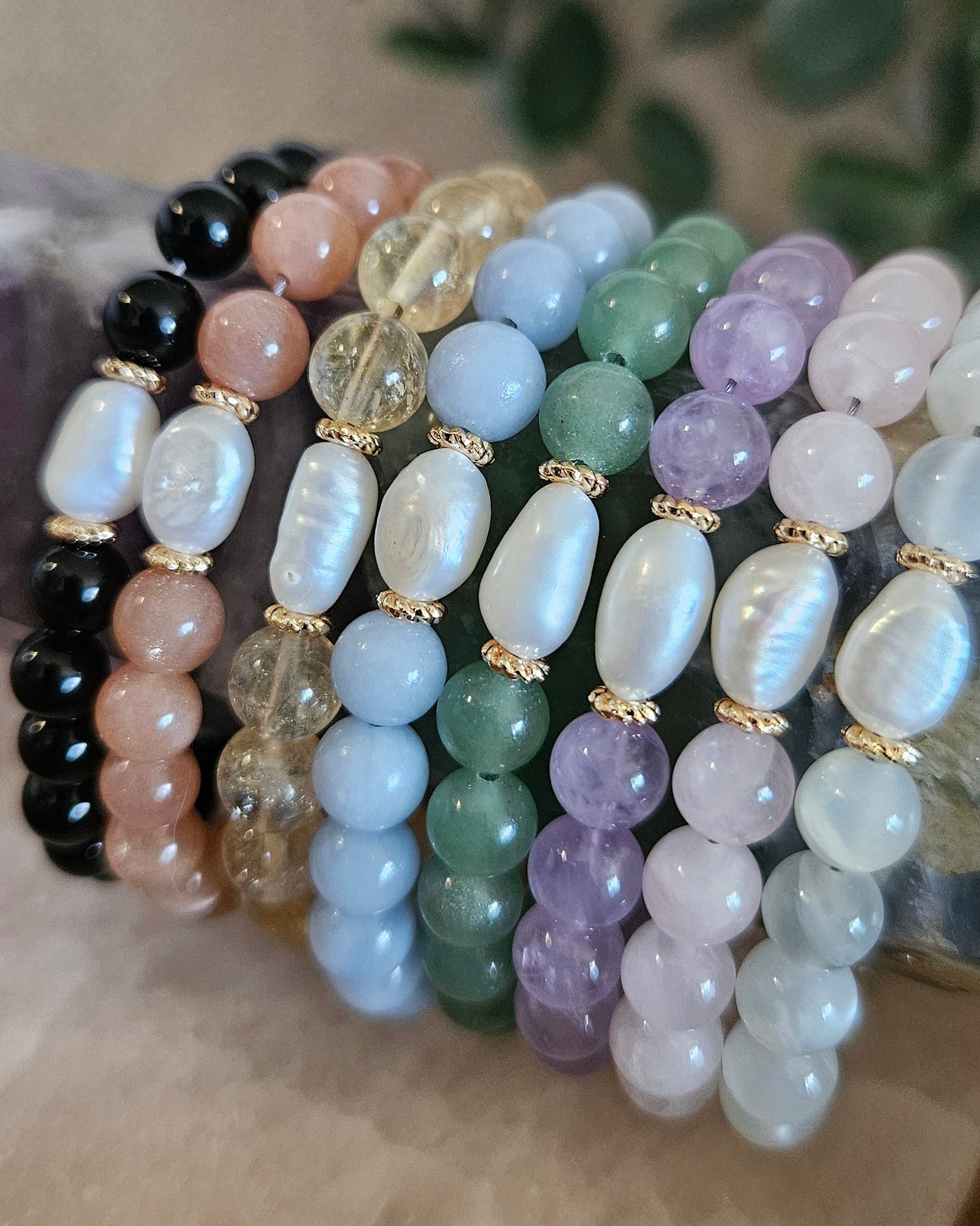 Gemstone bracelets with freshwater pearls