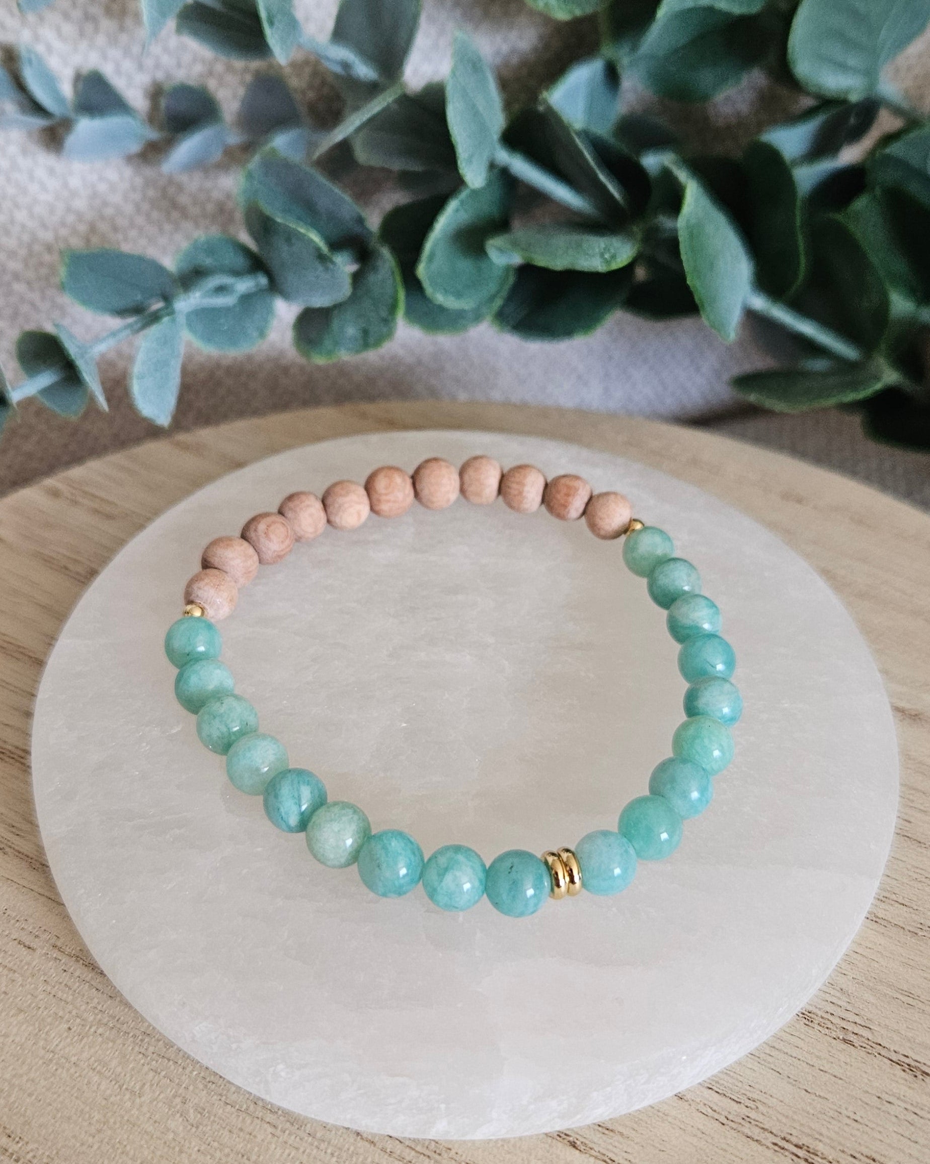 Overhead view of the Amazonite diffuser bracelet with natural Rosewood beads for essential oils
