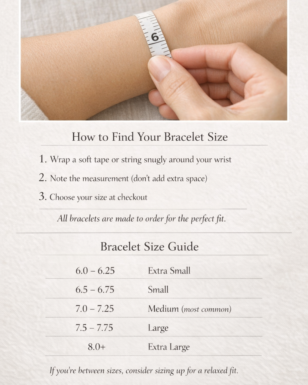 Find your bracelet size guide: XS 5–6 in, S 6–7 in, M 7–8 in and L 8–9 in; measure the wrist snugly