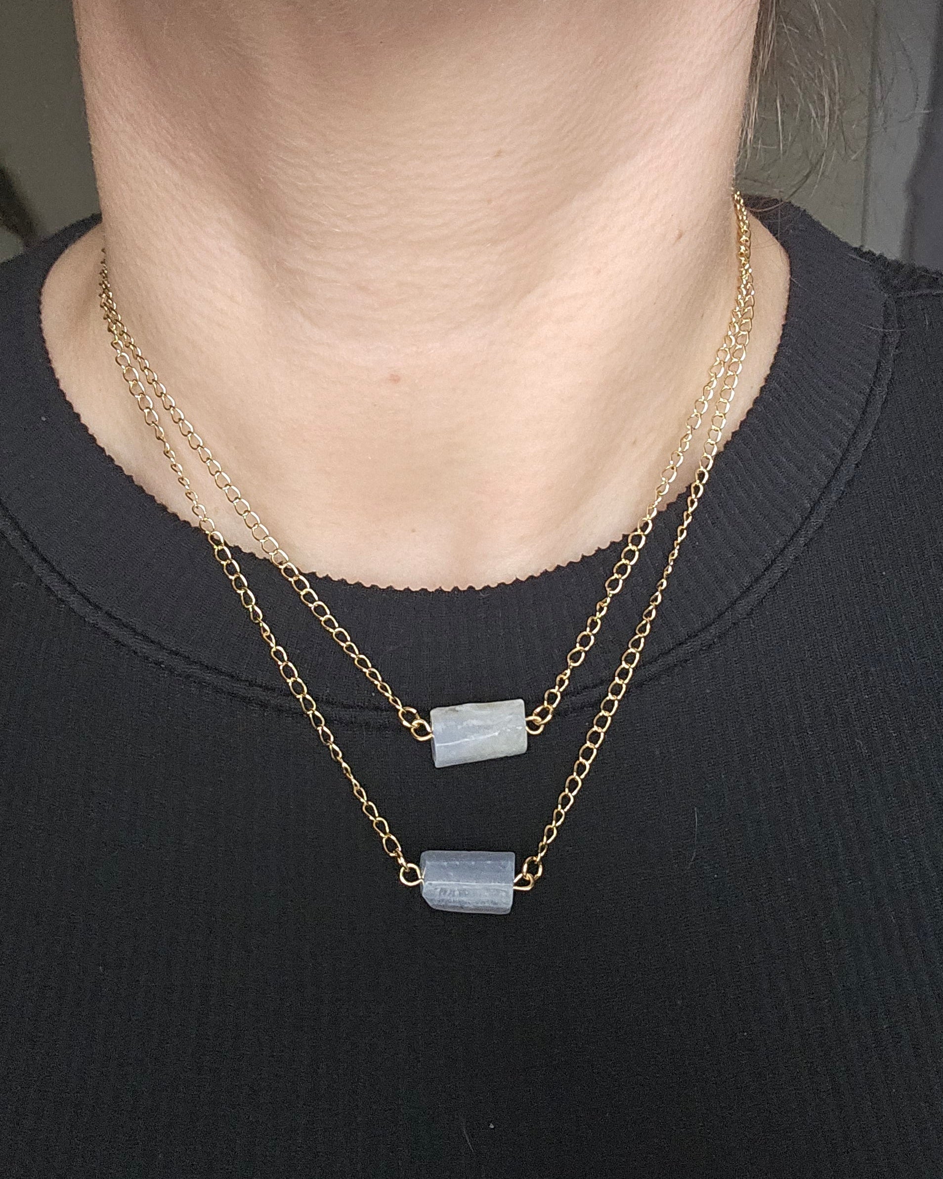 Wider view of the layered Blue Lace Agate necklace showing its 17-inch and 18-inch chain lengths