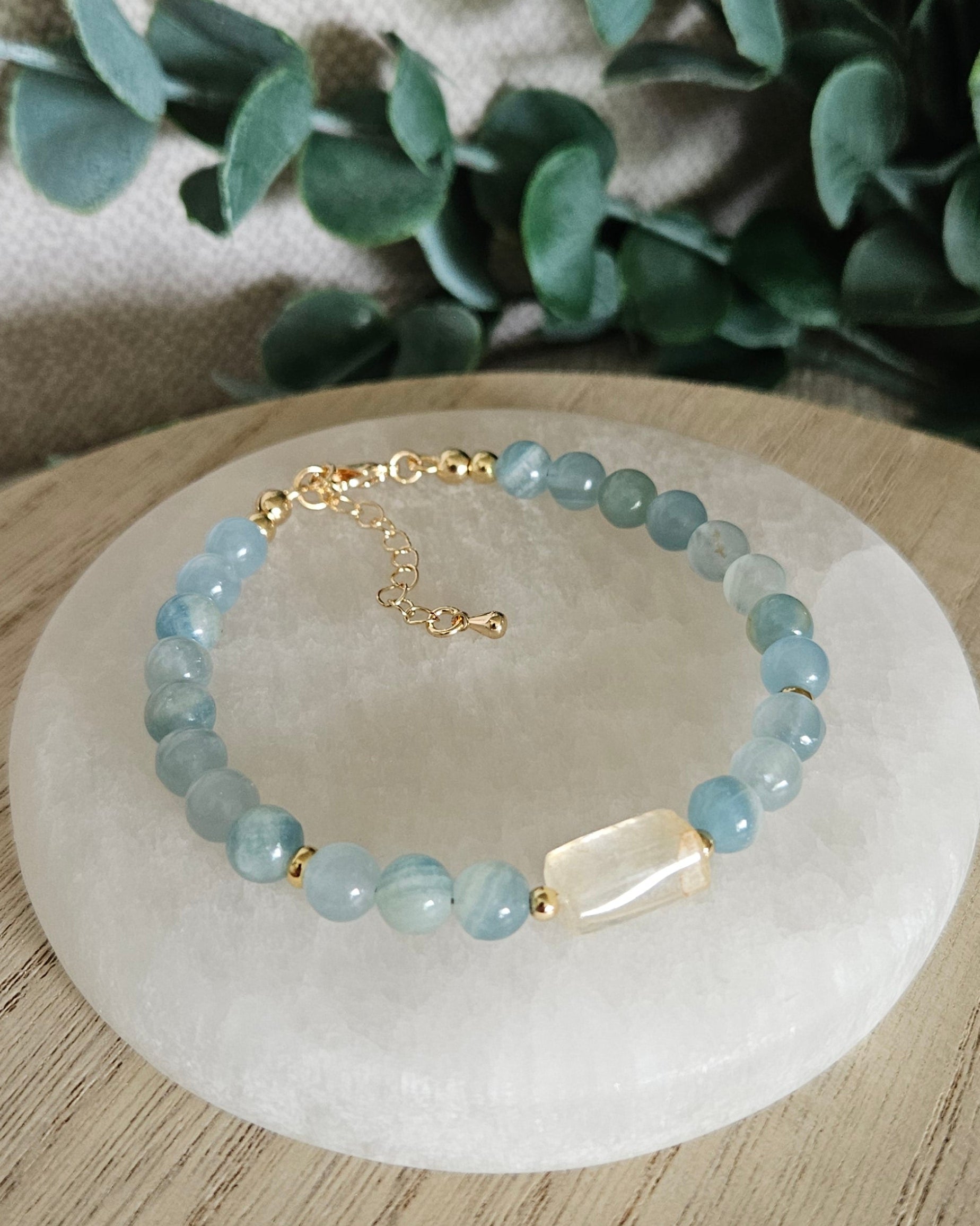 Overhead view of the Blue Calcite and Citrine bracelet with gold-filled clasp and extender chain